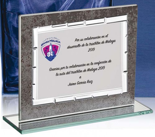 (118)SOPORTE DE CRISTAL + PLACA 17 X 12 cm