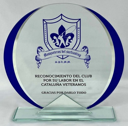 TROFEO CRISTAL AZUL GRABABLE EN COLOR CON ADORNO ESPEJO 15,5 CM