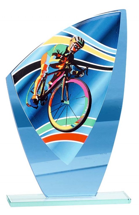 (198)trofeo de cristal con aplique cermica ciclismo 20 cm