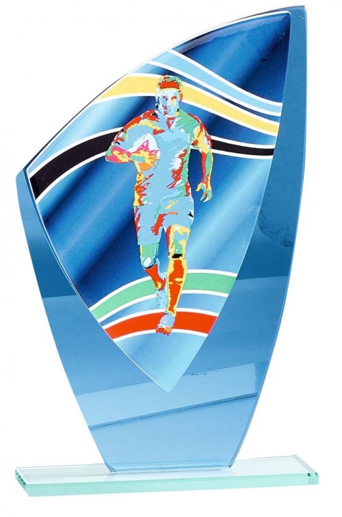 (198)TROFEO DE CRISTAL CON APLIQUE CERMICA RUGBY 20 cm