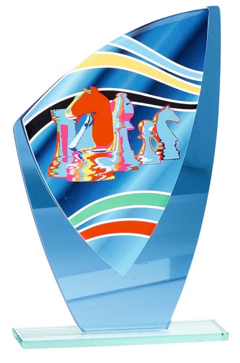 (198)trofeo de cristal con aplique cermica ajedrez 20 cm