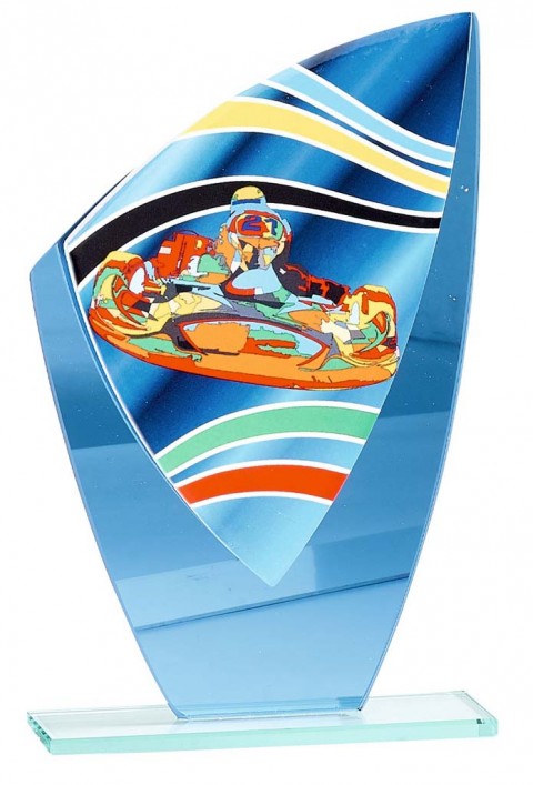(198)trofeo de cristal con aplique cermica karting 20 cm
